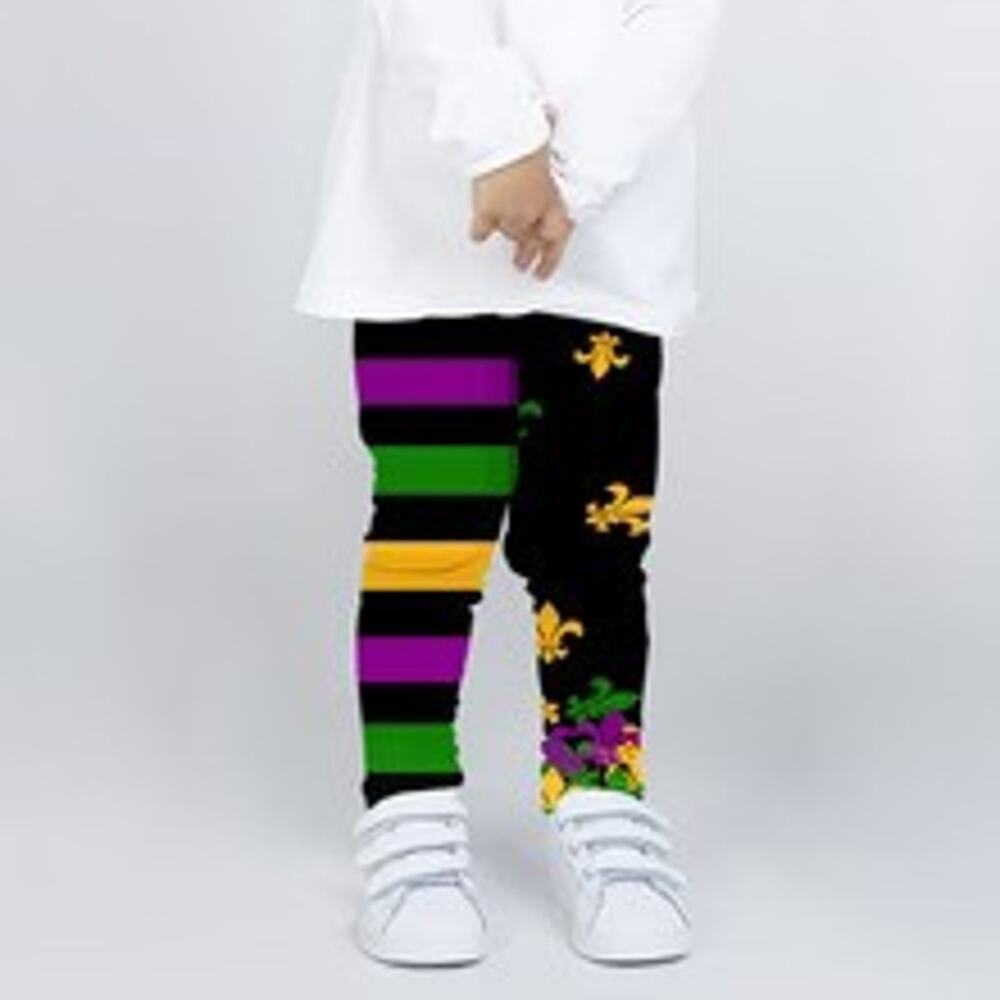 Youth Fleur de Lis and Stripes Mardi Gras Purple Green & Gold Spandex Leggings